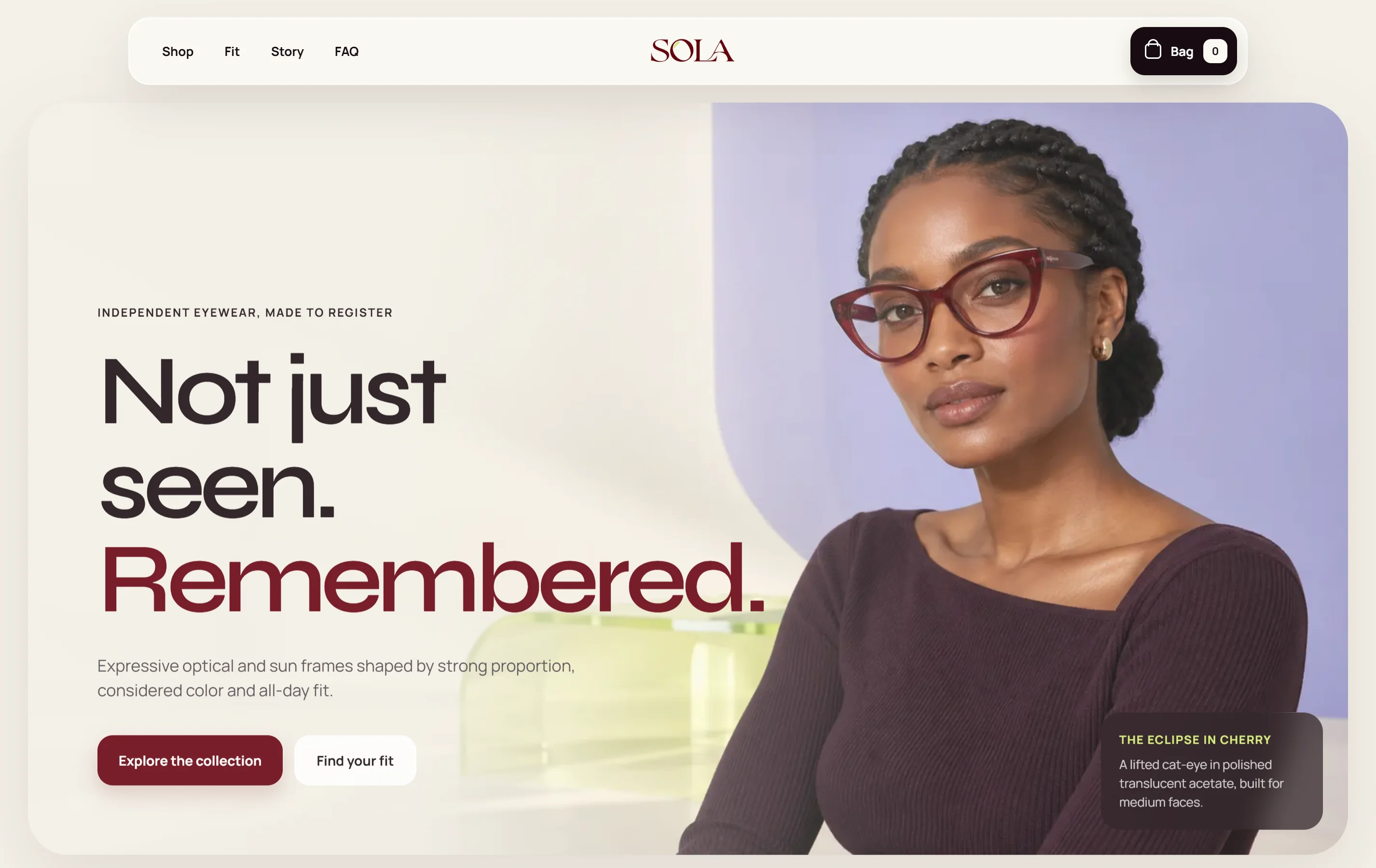 SOLA eyewear website
